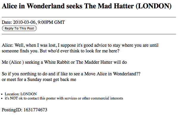 Craigslist Ad: Alice in Wonderland Craigslist Ad: Alice in Wonderland